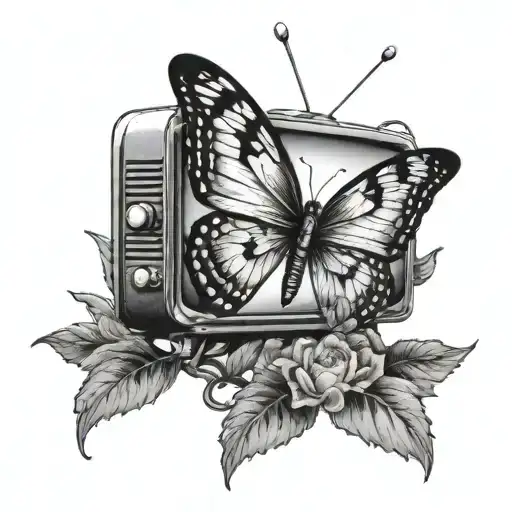 A black and grey tattoo of a butterfly perched on a TV screen with the words 'imperfection is beauty' to remind you of the beauty in imperfection tattoo design idea