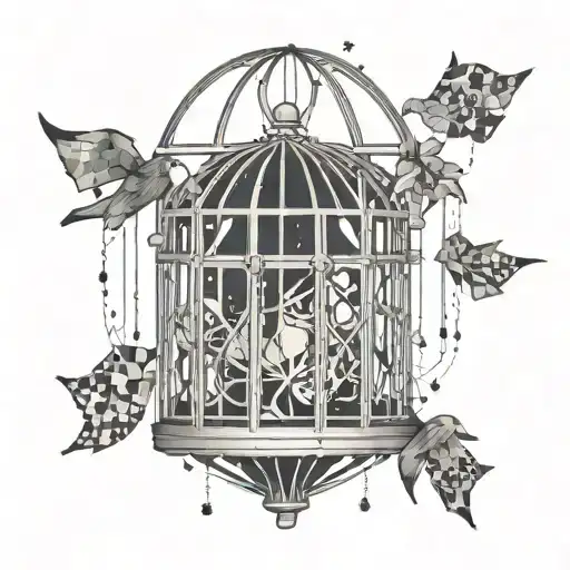 Geometric cage with scattered puzzle pieces representing the mind being locked in a cage of thoughts tattoo design idea