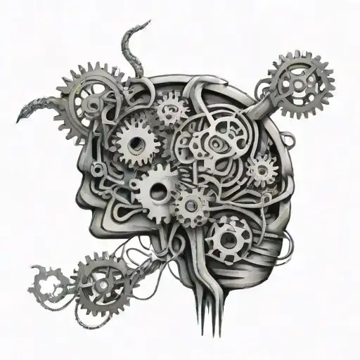 Abstract brain with tangled wires and gears, representing the complexity of OCD and overthinking tattoo design idea