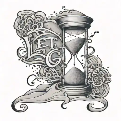 Broken hourglass with scattered sand grains forming the words 'let go', symbolizing the desire to break free from perfectionism tattoo design idea
