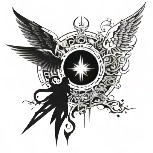 Heavenly Throne room surrounded by angels ready for battle with Jesus leading them to earth tattoo design idea