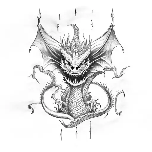 Dragon in Old Map with face look to front, and half body in water tattoo design idea