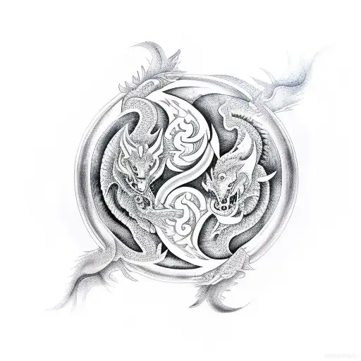 A wolf and dragon intertwined in a yin yang symbol tattoo design idea