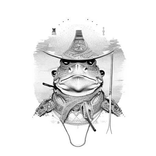 Samurai frog smoking on leaf with straw hat tattoo design idea