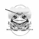 Samurai frog smoking on leaf with straw hat tattoo design idea
