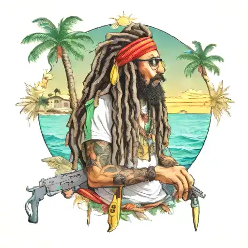rastafari gangster mundo de caos armas drogas futuro tattoo design idea