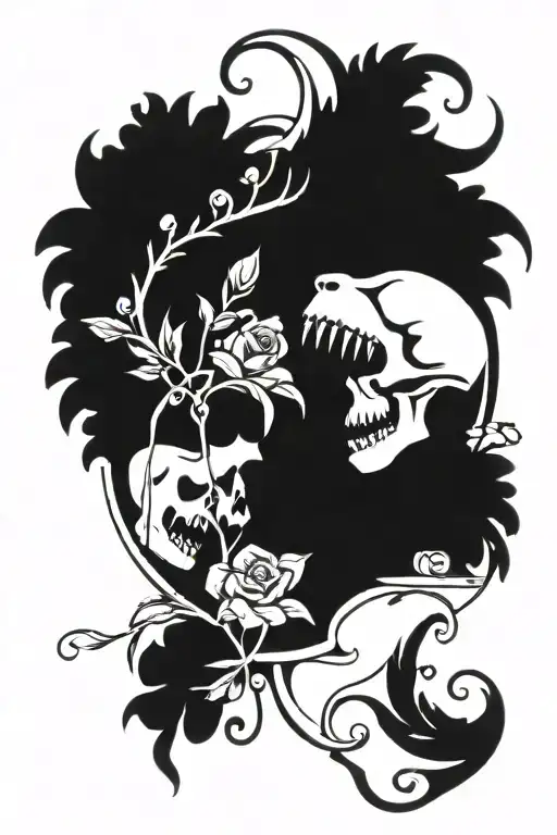 Sleep Token Logo With Animal Jaw And Floral Design around a doorway (Secret garden style)  tattoo design idea
