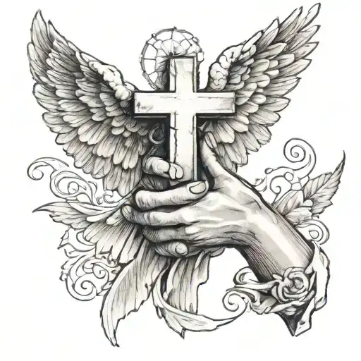 hand holding cross and under hand ist angel with open wings tattoo design idea