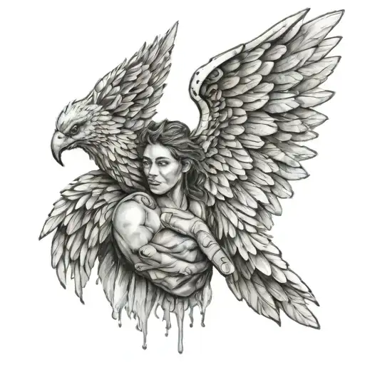 hand holding crisis and angel with open wings tattoo design idea