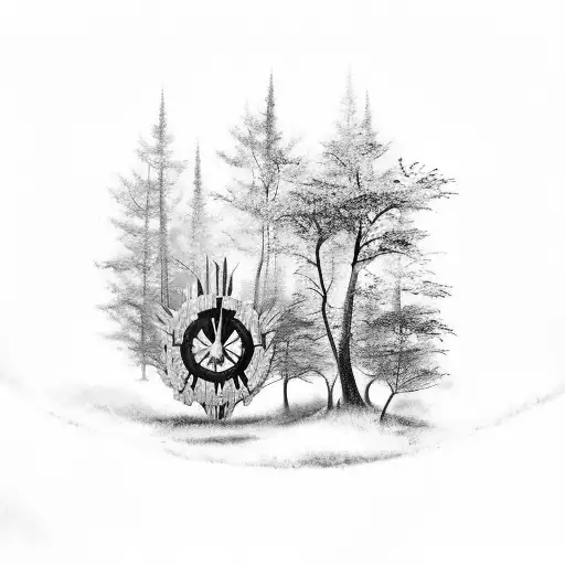 A black-grey tattoo of a forest landscape with the Hunger Games mockingjay symbol hidden within the trees tattoo design idea