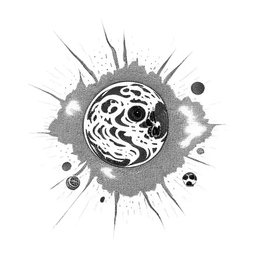 a half-rotten astronaut who is chained to a dead planet reaches out to a beautiful and blooming planet tattoo design idea