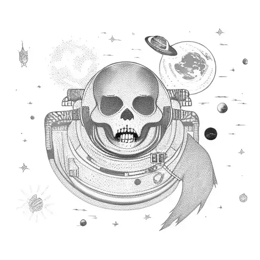 astronaut,  two planets ,chains, skeleton, tattoo design idea