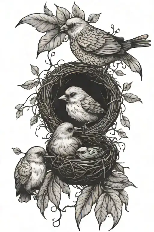 A traditional tattoo of a mother bird feeding her baby birds in a nest made of leaves and branches tattoo design idea