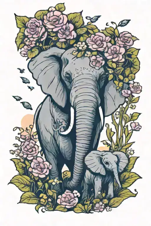 A whimsical garden scene with a mother elephant and her baby surrounded by blooming flowers tattoo design idea