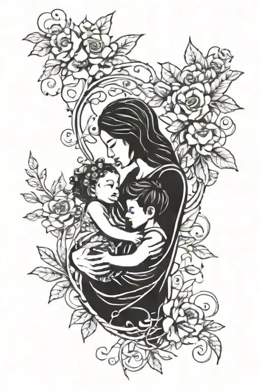 A colorful new-school design of a mother and child holding hands with vines and flowers wrapping around them tattoo design idea