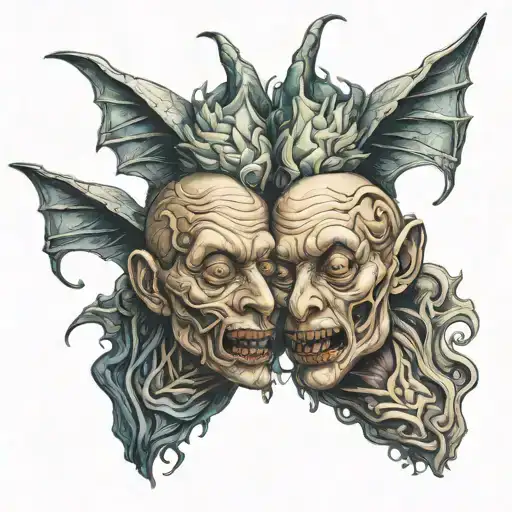 siamese twin head creapy monster  tattoo design idea