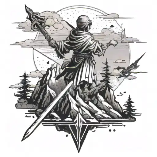 An anime character wielding a sword on a mountain peak tattoo design idea