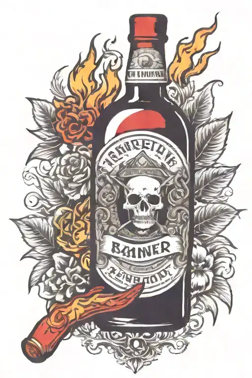 A bottle of alcohol is banned surrounded by fire  tattoo design idea