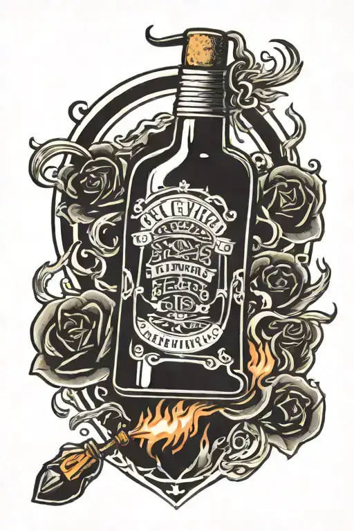 A bottle of alcohol is banned surrounded by fire  tattoo design idea