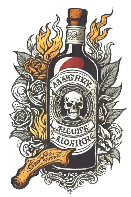 A bottle of alcohol is banned surrounded by fire  tattoo design idea