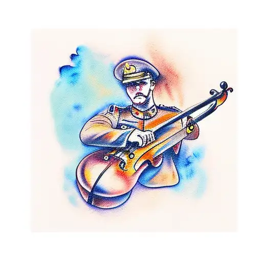 water colour tattoo of a world war one soldier playing the cello tattoo design idea