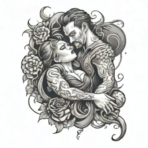Create a tattoo featuring a dark romance scene with elements of bdsm choking in a black-grey style tattoo design idea