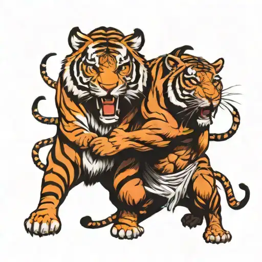 Bengal tiger fights Lydian fighting bull tattoo design idea