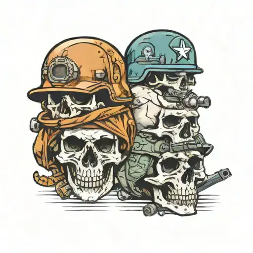 3 skulls one with a modern day army helmet, one with a ww2 Air Force helmet, one with a modern day construction helmet  tattoo design idea