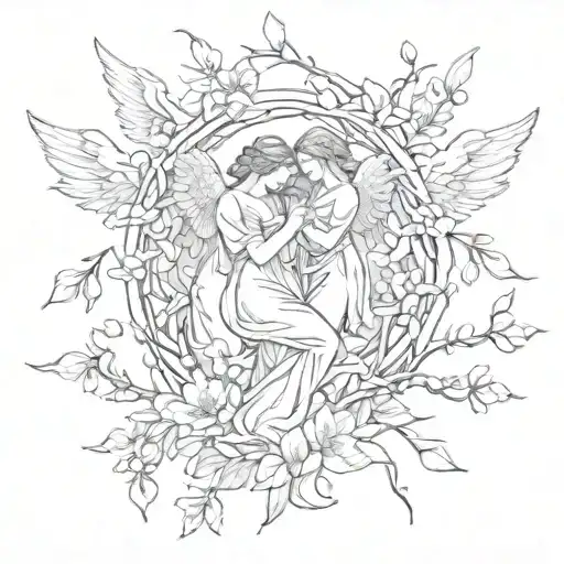 Angels and apple blossoms and willow vine tattoo design idea