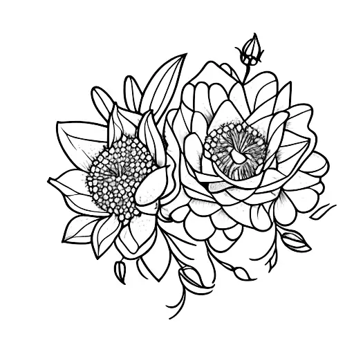 bouquet of flowers inside a diamond shape.1 rose, 1 lily, 1 chrysanthemum, 1 larkspur, 1  water lily, 1 honeysuckle.  tattoo design idea