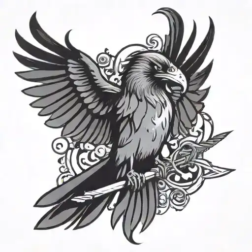 A crow with wings outstretched, holding a trident in its talons tattoo design idea