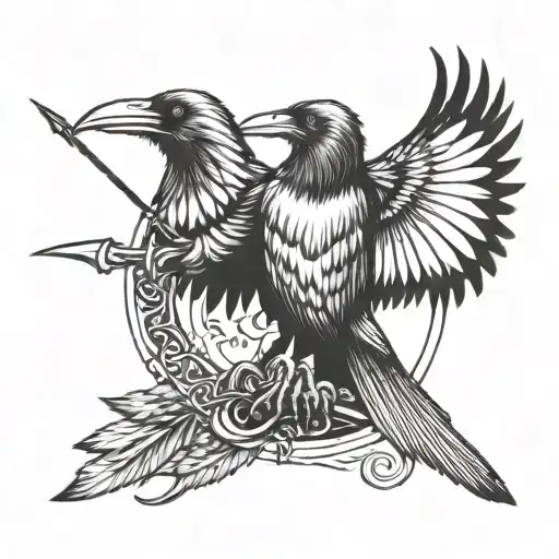 A crow with wings outstretched, holding a trident in its talons tattoo design idea