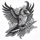A crow with wings outstretched, holding a trident in its talons tattoo design idea
