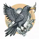 A crow with wings outstretched, holding a trident in its talons tattoo design idea