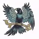A crow with wings outstretched, holding a trident in its talons tattoo design idea