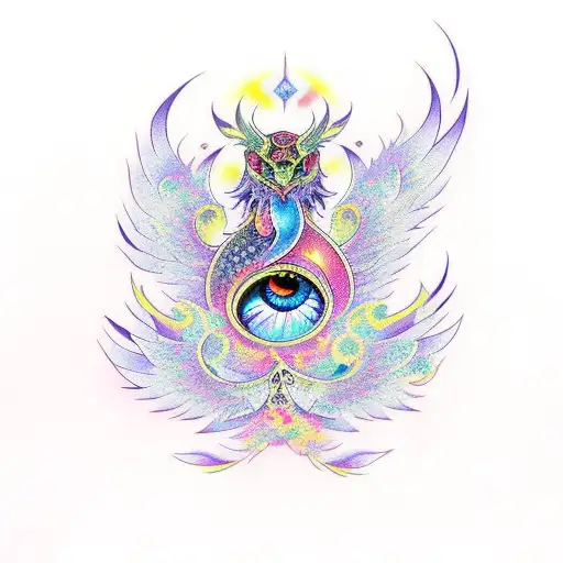 Phoenix, aurora borealis, rose, sapphire gem eyes tattoo design idea