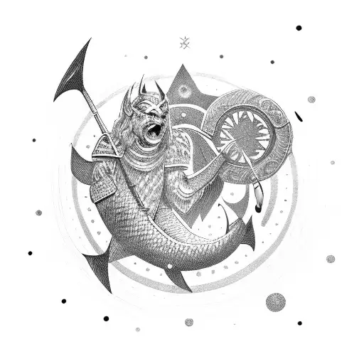 A Norse god wielding a fishing rod and catching stars from the night sky tattoo design idea