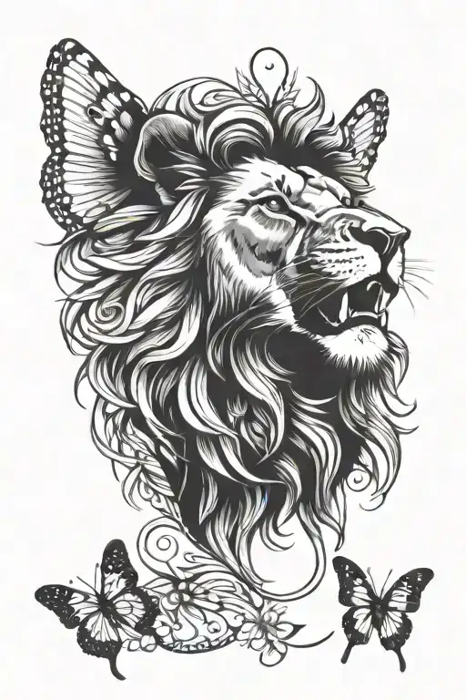 lion roaring with butterfly on nose tattoo design idea