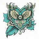 Tattoo idea în various turquoise colors with symbols for kindness, nature love, family, faith in God tattoo design idea
