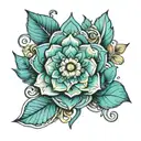 Tattoo idea în various turquoise colors with symbols for kindness, nature love, family, faith in God tattoo design idea