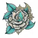 Tattoo idea în various turquoise colors with symbols for kindness, nature love, family, faith in God tattoo design idea