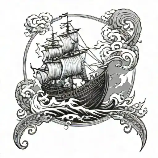 A mystical scene of a Viking ship sailing through stormy seas, with swords lining the deck tattoo design idea