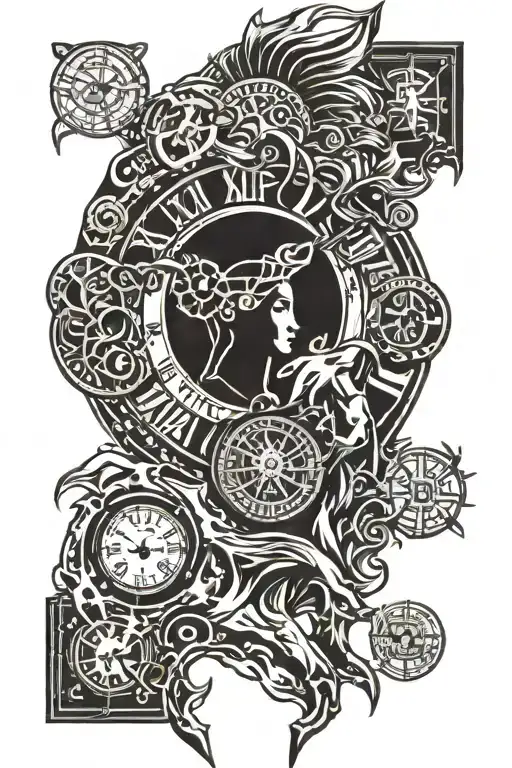 warrior, time clock with elongated shape made tattoo design idea