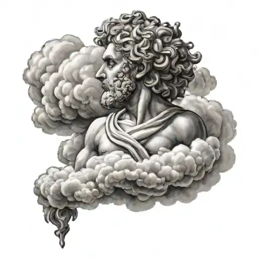 small greek god facing away looking up floating in big clouds tattoo design idea