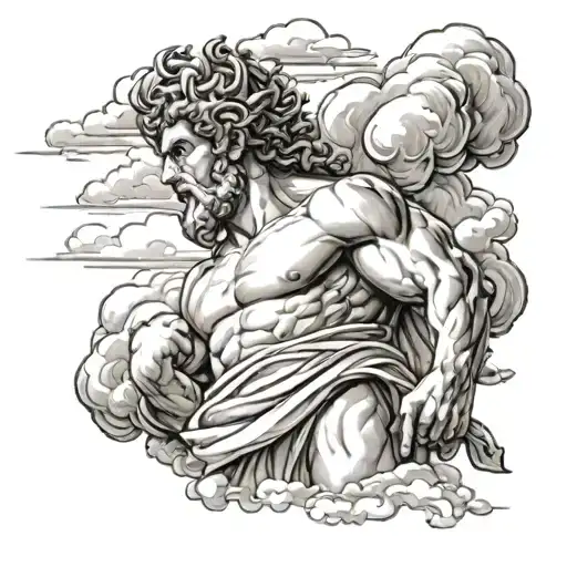 greek god facing away looking up floating in big clouds tattoo design idea