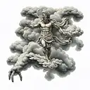 small greek god floating in clouds looking into the heavens tattoo design idea