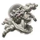 small greek god floating in clouds looking into the heavens tattoo design idea