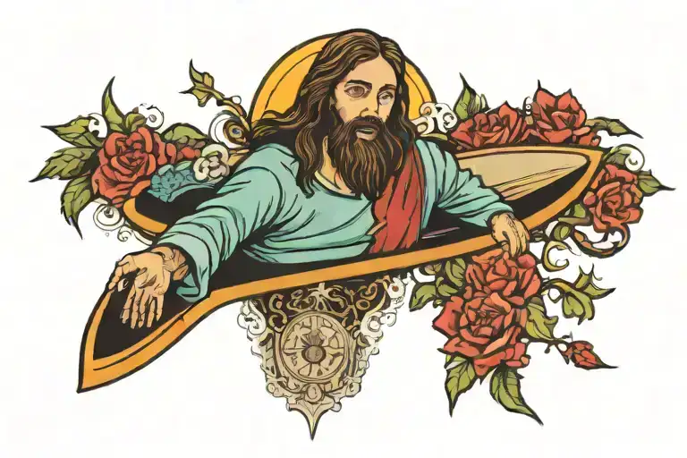 Jesus Christ surfing on top of a coffin shaped surfboard  tattoo design idea