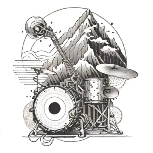 An intricate tattoo featuring a Fibonacci spiral pattern intertwined with mountain peaks and a drum set tattoo design idea