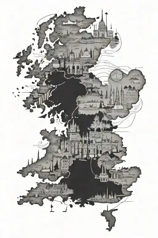 outline of England with all its major landmarks inside of the country tattoo design idea